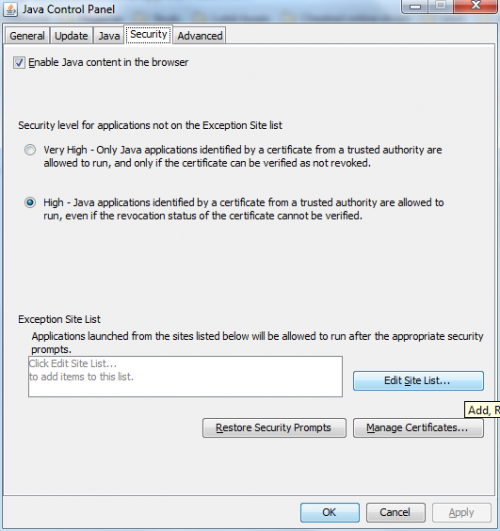 capture d'écran de l'onglet Sécurité du panneau de configuration Java