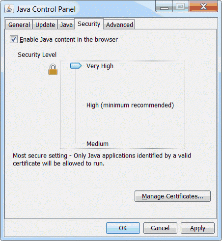 Panneau de configuration Java-Onglet Sécurité