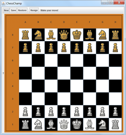 Champ d'échecs à la taille minimale, après l'activation du bouton nouveau jeu