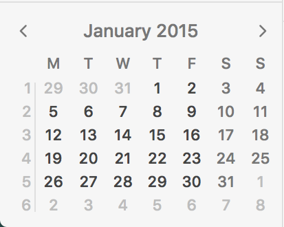 capture d'écran du mois civil Janvier 2015 avec ISO 8601 semaine numéro 1 allant du lundi 29/12/2014 au dimanche 04/01/2015